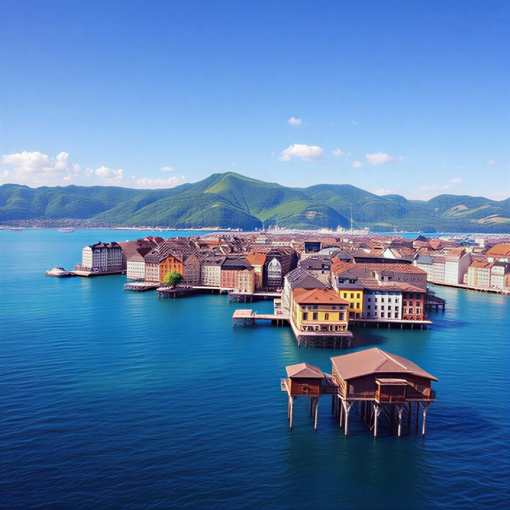Basel in the year 2125 has been rebuilt on stilts in the Sea of Switzerland
